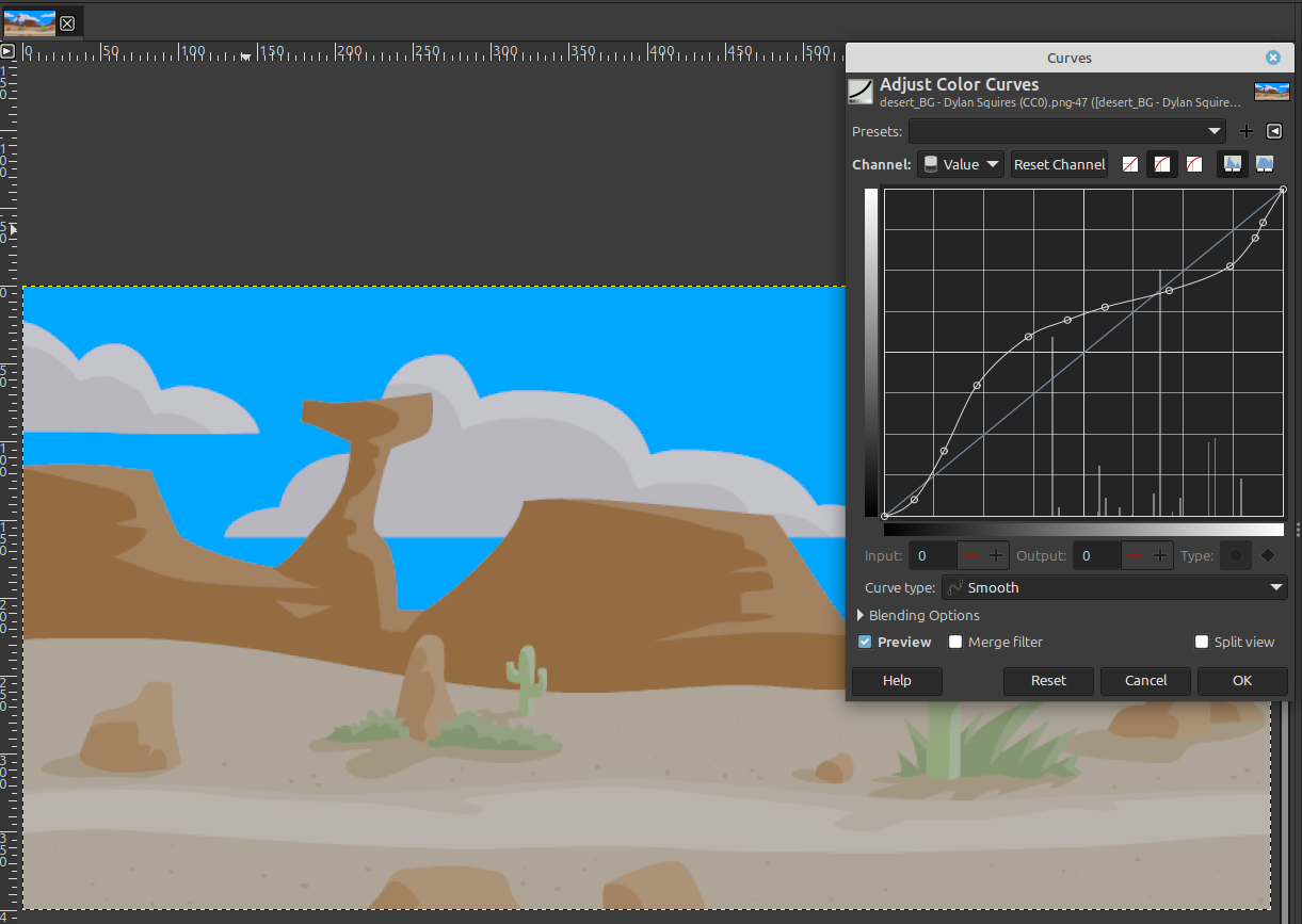 Screenshot of Curves filter with Photoshop .acv preset loaded