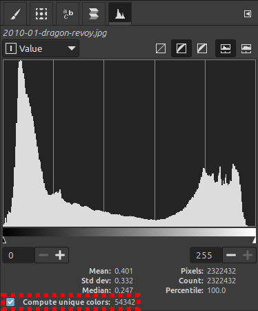 Screenshot of Histogram Editor with unique colors count highlighted