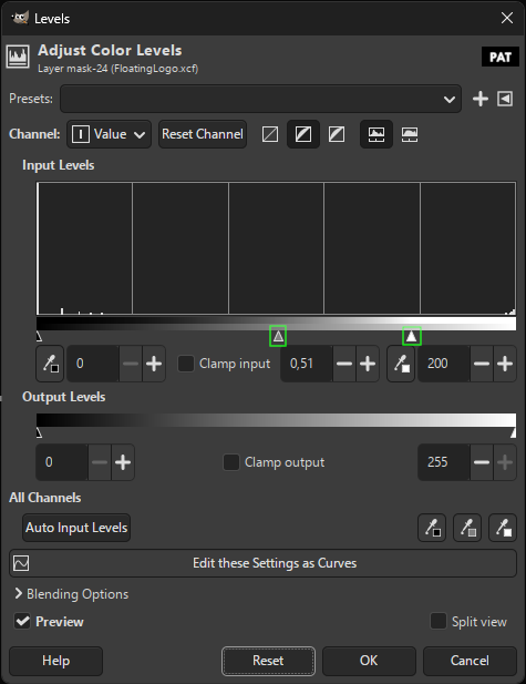 GIMP adjust color levels dialog